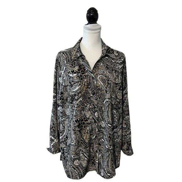 Notations Blouse Plus Size 2X Floral Mix Print Collared Button-Down Roll Tab Top - Picture 1 of 9